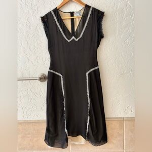 Tabitha 100% Silk Black Midi Dress with White Lace Trim